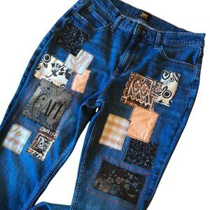 Upcycled Boho Patchwork Jeans, Women's Size 10: Coffee-Inspired Hippie Pants